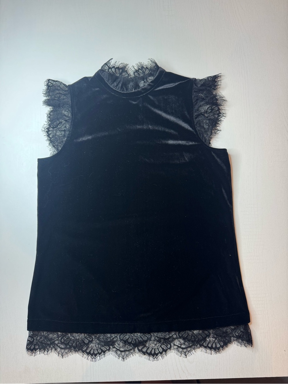 Rose + Olive Black Velvet & Lace Mock Neck Sleeveless Top - M